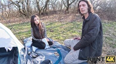 HUNT4K - Hot sex on the couch after meeting in the tent