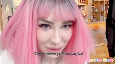 Pink-haired Russian slut fucks in public toilet