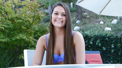 Pretty brunette Abby Cross POV deepthroat by the pool