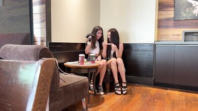 The guys couldn't resist when we took off our panties in a cafe and put plugs in our asses