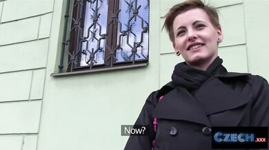 Short haired Czech woman fucks stranger for cash in his car