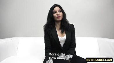 Black-haired amateur casting ended with cum in her mouth