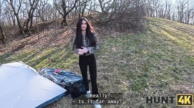 HUNT4K - Hot sex on the couch after meeting in the tent
