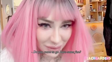 Pink-haired Russian slut fucks in public toilet